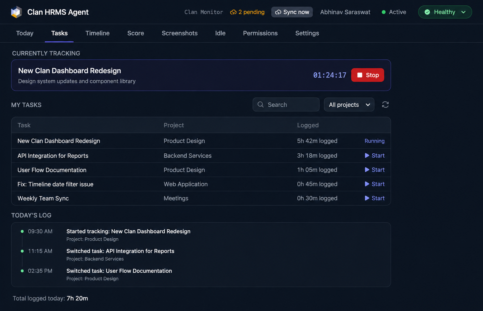 Task tracking dashboard
